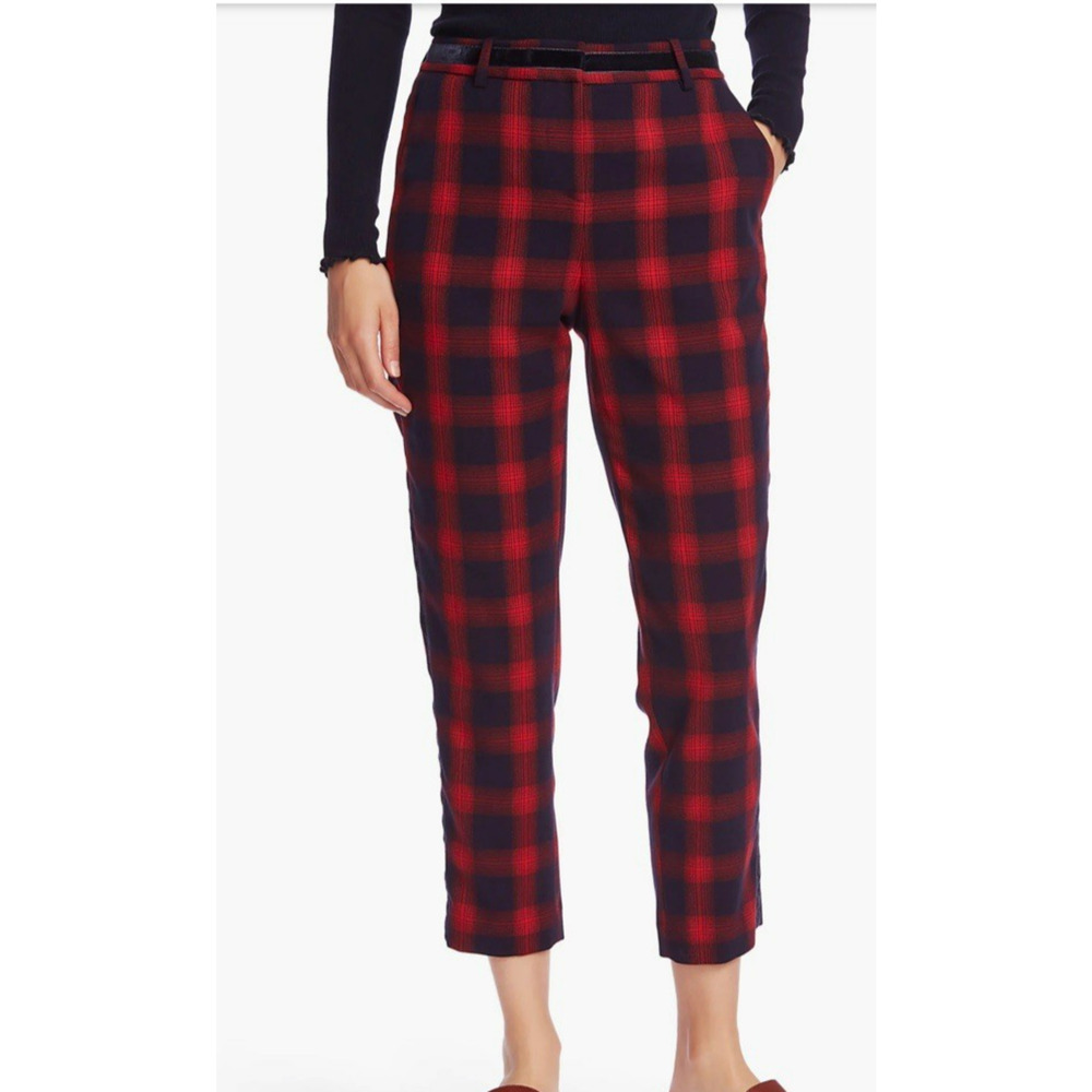 Court & Rowe Pants Womens 14 Velvet Stripe Red Shadow Plaid Crop Stretch Preppy